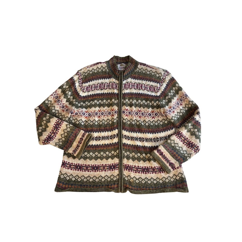 Tiara International Vintage Fair Isle Full Zip Cardigan Sweater Olive Green L